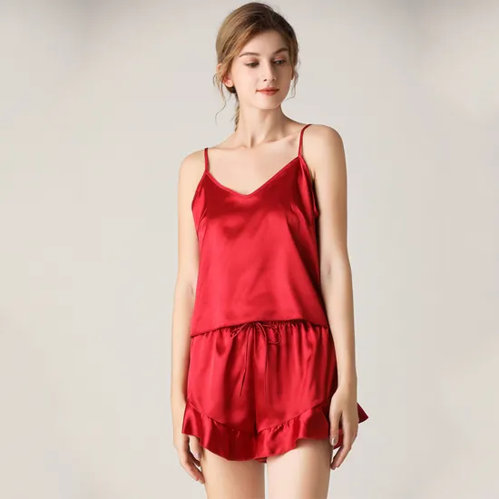 Atacado de algodão de seda feminino pijamas de renda personalizados suspensórios sexy pijamas